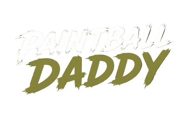 Text 'PAINTBALL DADDY' in white and green on a dark green background